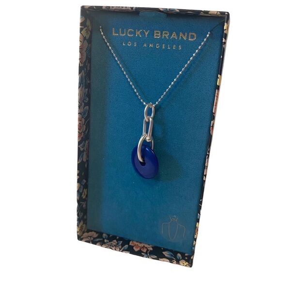 Lucky Brand Blue Circular Stone Pendant on long silver toned chain. - Picture 3 of 6